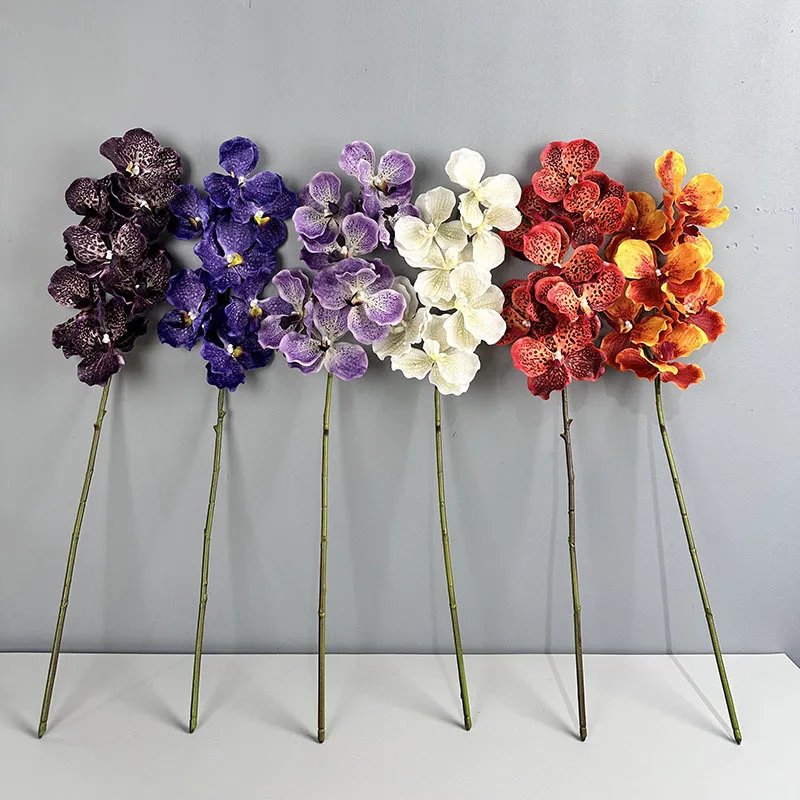 High Quality Single Stem 7 Heads Real Touch Purple Vanda Orchid Flowers Artificial Phalaenopsis Orchids for Wedding Decor