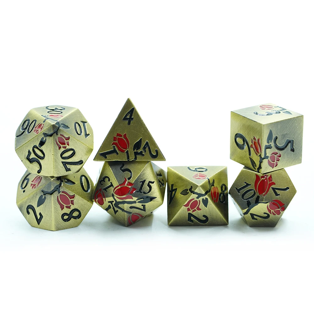 Çok Satan DND RPG Katı Metal Çinko Alaşım Zar Seti Çok Yüzlü Üç Renkli Gül DND Oyuncuları için