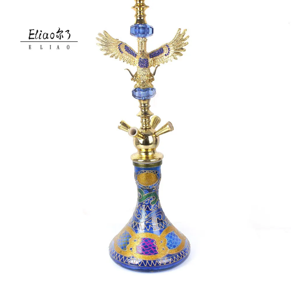 Yiwu Erliao Wholesale Cheap Crystal Nargile Hookah Shisha 3 Hoses Pipe Set Blue Bowl Tobacco Hookah Shisha