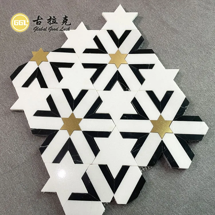 Hot Selling White Mosaic Star Shape Marble Tile Inlay Brass Stone Black Wall Floor Mosaic Tile factory