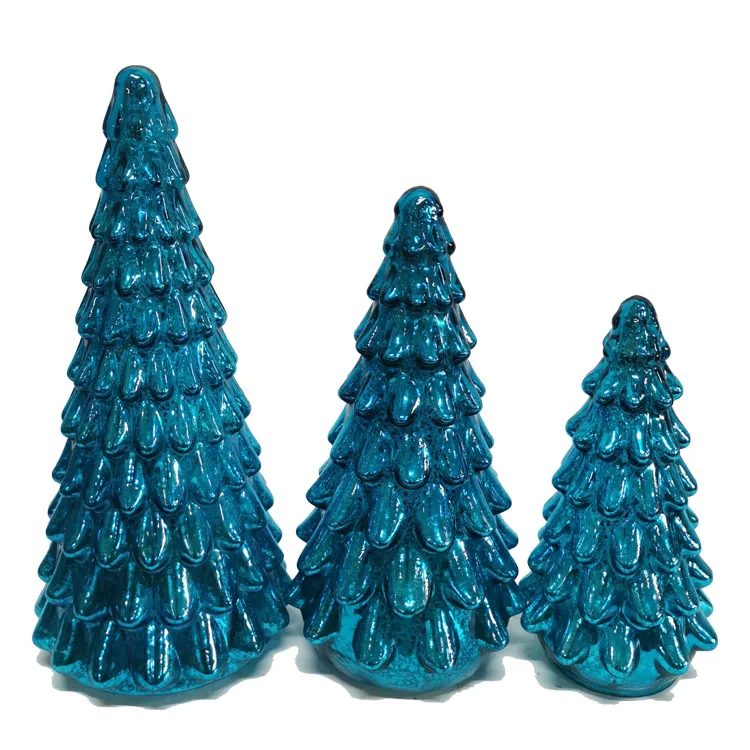 Wholesale led light up blue mini mercury glass Christmas ornament tree set 3