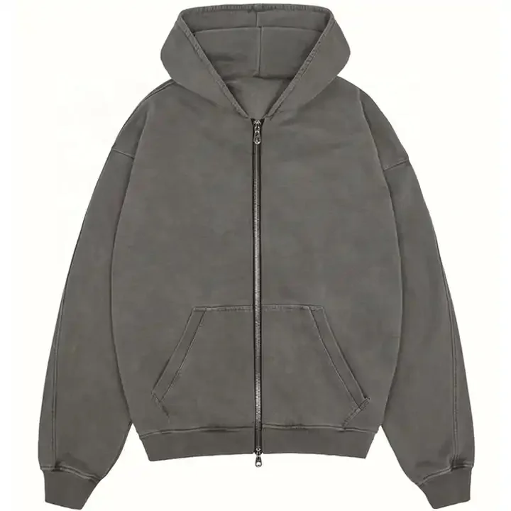 JL1214B French Terry Hoodie Washed Grey Hoodie High Quality Oversized Vintage Acid Wash Full Zip up Puff Printing Hoodie Men