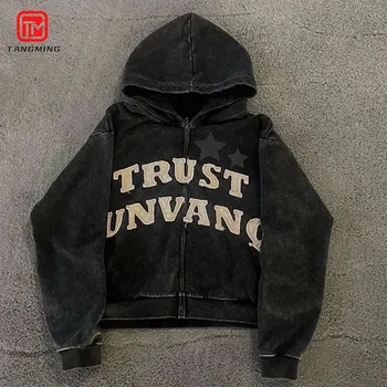 2025 Custom  Clothing Manufacturers Streetwear Cut And Sew Zip Up Applique Hoodie Distressed Embroidery Patch Acid Wash Hoodies