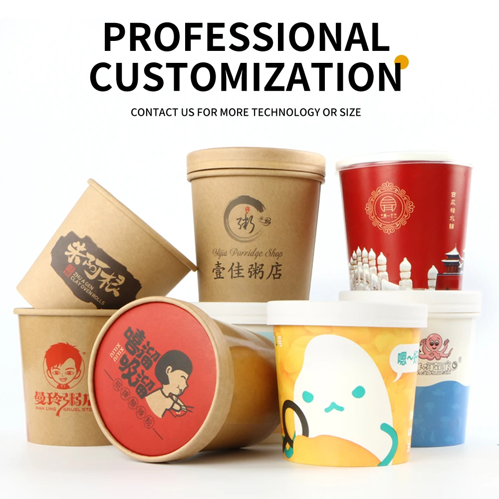 Kraft Soup Bowl Disposable Paper Hot Food Container Round Takeaway Soup Cup Eco Friendly Custom Printed Packaging