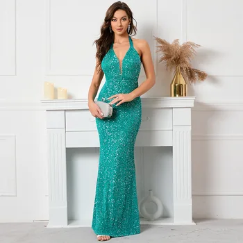 Guangzhou Auyan High Waist Line Dance Dress Sleeveless Backless Lace-up Style with Sequined Decoration Woven Dress
