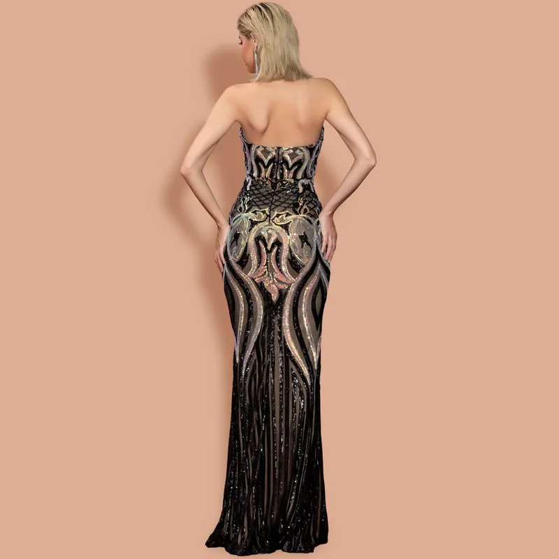 Strapless backless gold sequin gown with slit – NOVANCE evening dress for women