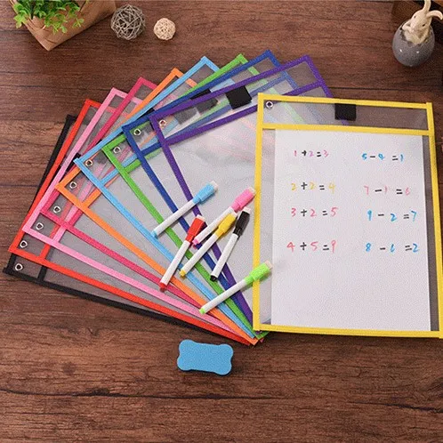 Школьный обучающий инструмент с логотипом на заказ из ПВХ/ПЭТ, Многоразовые прозрачные пластиковые многоразовые сухие стираемые карманы