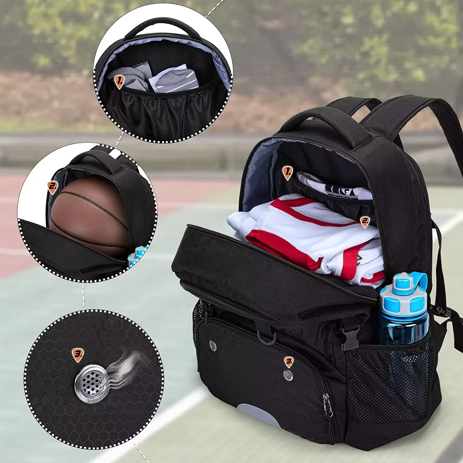 Waterproof High Quality Custom Sports Basketball Backpack with Zipper Closure Polyester Anti-Theft USB Ball Storage Compartment