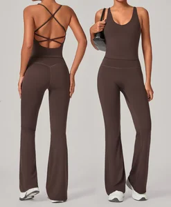 Newest Custom logo Fashion Female Sexy Back Workout Yoga Vest Gym Sport Wear High Waist Flare Pants 2pcs Fitness Sets