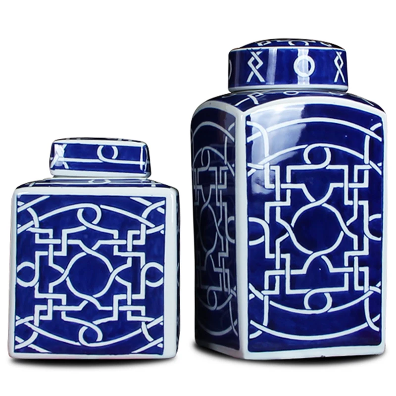 High  Quality square Blue and White Ceramic Garlic Salt Cookie Jar for Storage