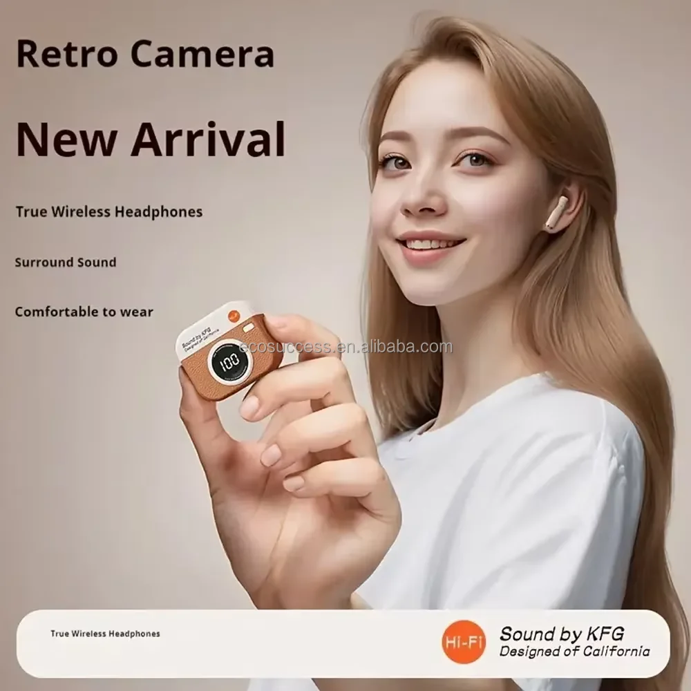 Q86 Retro Camera Leather Grain New Design Wireless Earbuds In-Ear Earphones With Screen Digital Display and Gaming Low Latency