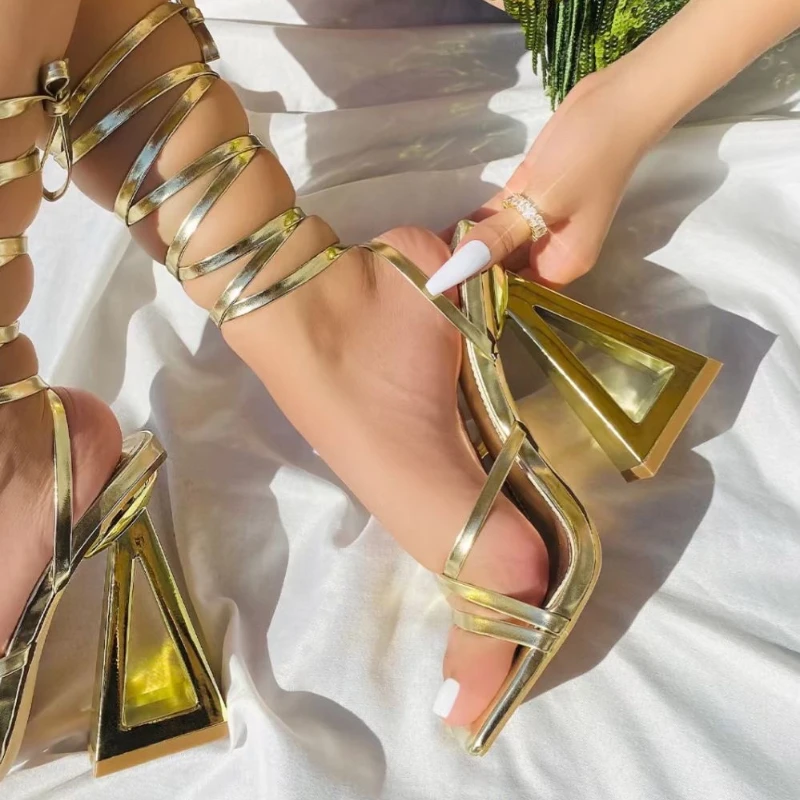 Gold Triangle Heels Elegant Strappy Sandals for Women