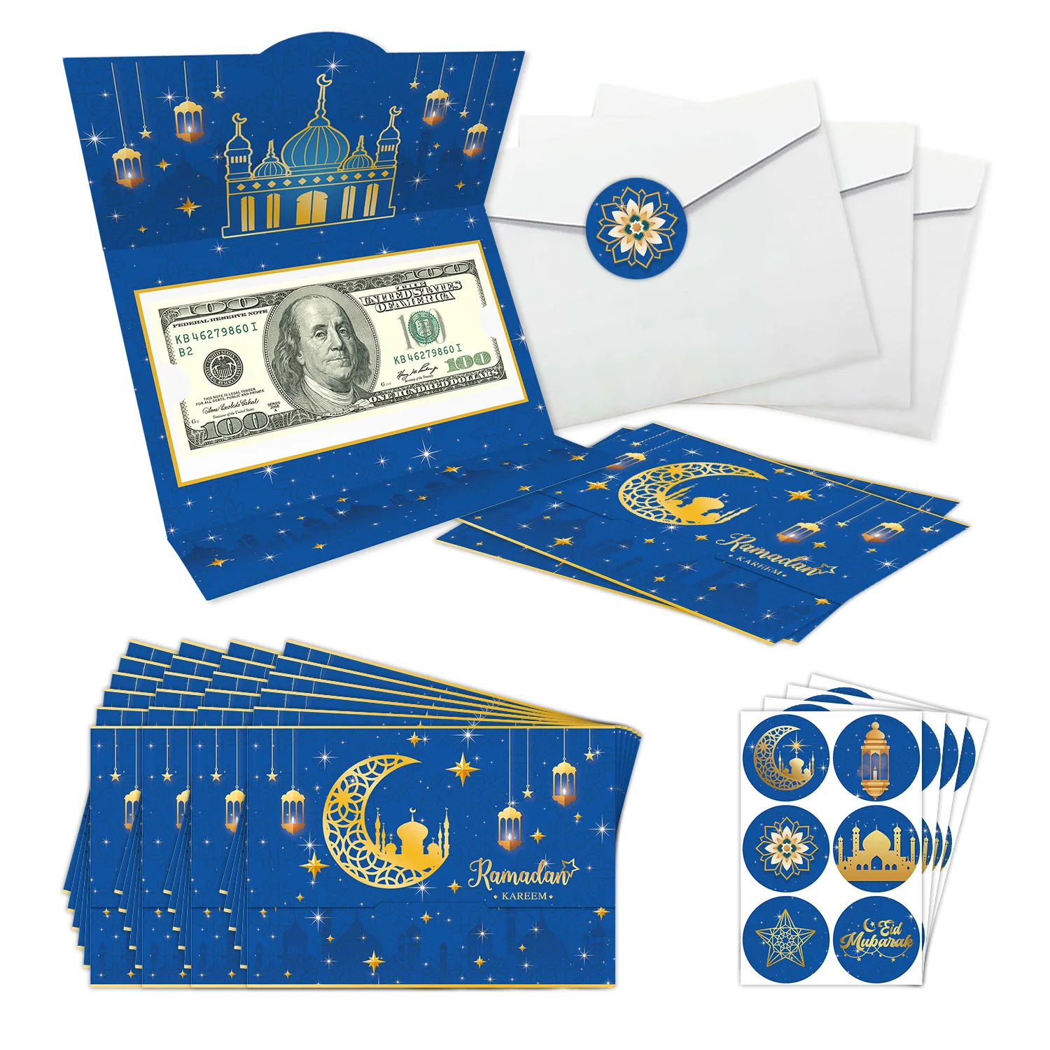 Pack Of 10 Eid Mubarak Money Envelopes - Laser Cut Blue Design For Ramadan & Eid Gifting (Eidi)