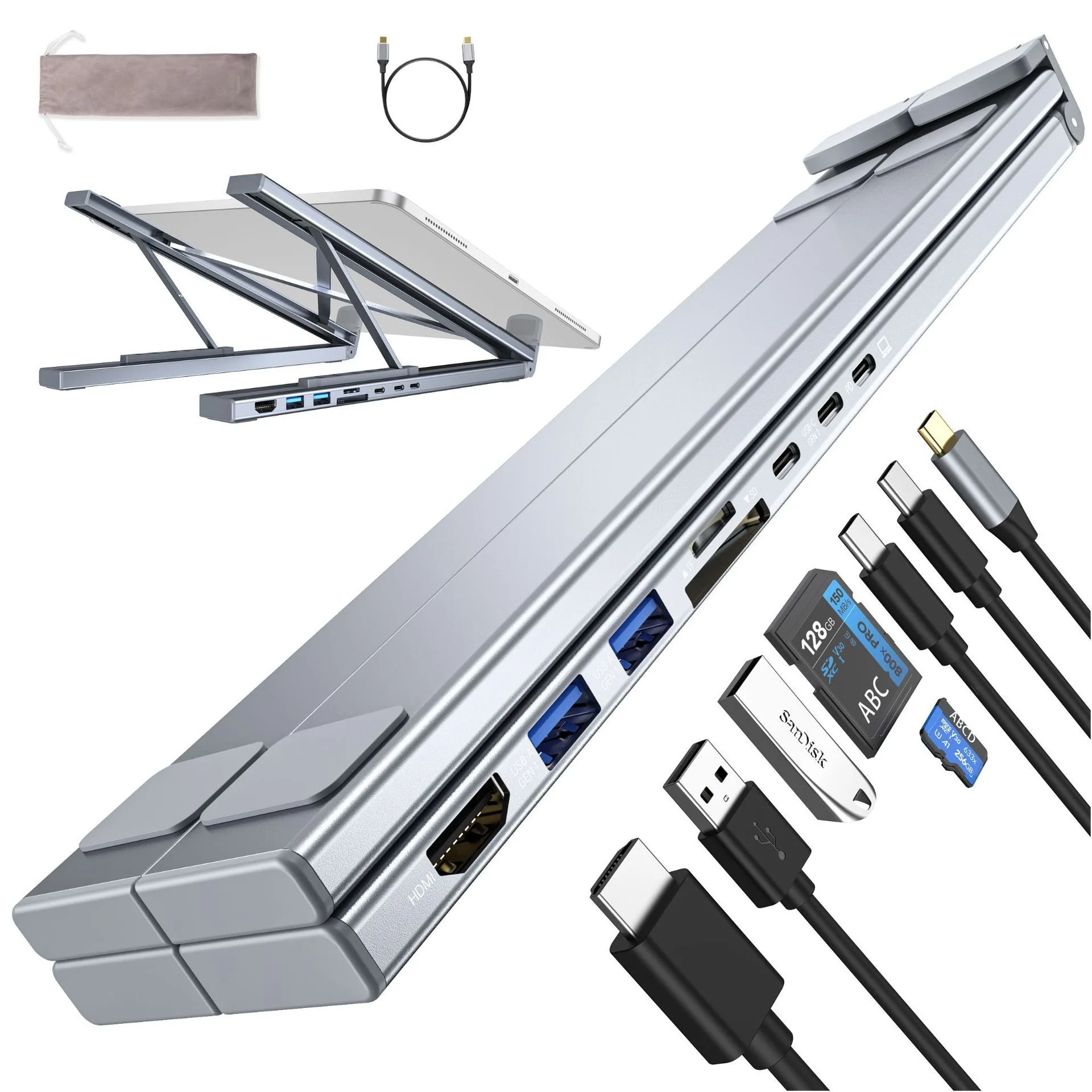 Chinese factory supplier supply  Portable Laptop Stand 8 Ports Usb C Hub Hd 4k Usb3.0 Multifunction 8 In 1 Laptop Notebook Holder Riser Stand - Buy 8 In 1 Usb C Hub 4k Hdtv Usb 3.0 Sd/tf Card Reader 3.5mm Audio Jack And Gigabit Ethernet Port Type-c Docking Station usb C Hub Docking Station Aluminum Laptop Stand new Multifunction Type-c To Hd-mi Vga 9-in-1 Docking Station Usb C Hub With Base Mobile Phone Smart Adapter Wireless Charger