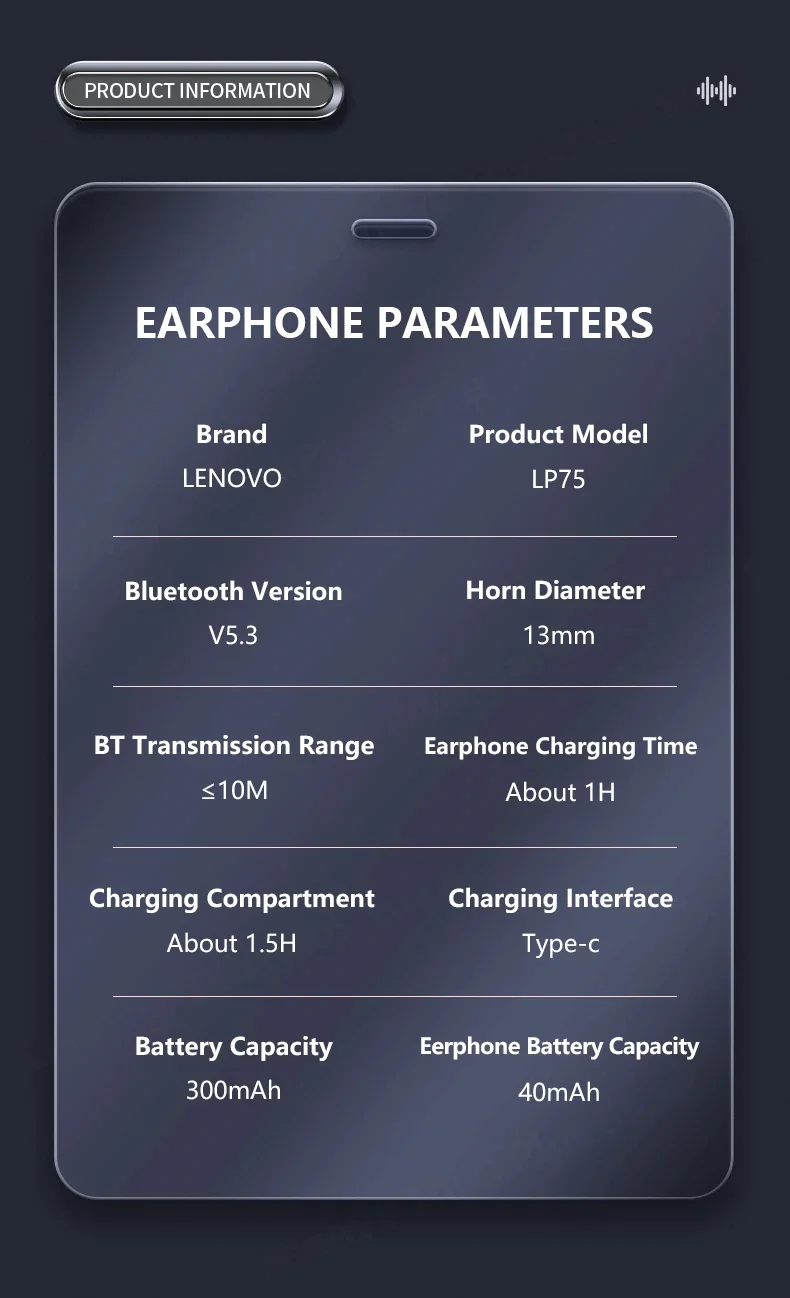 Original Lenovo LP75 TWS Bluetooth 5.3 Headphones Wireless Music Earphones LED Digital Display Noise Reduction Game Earbuds
