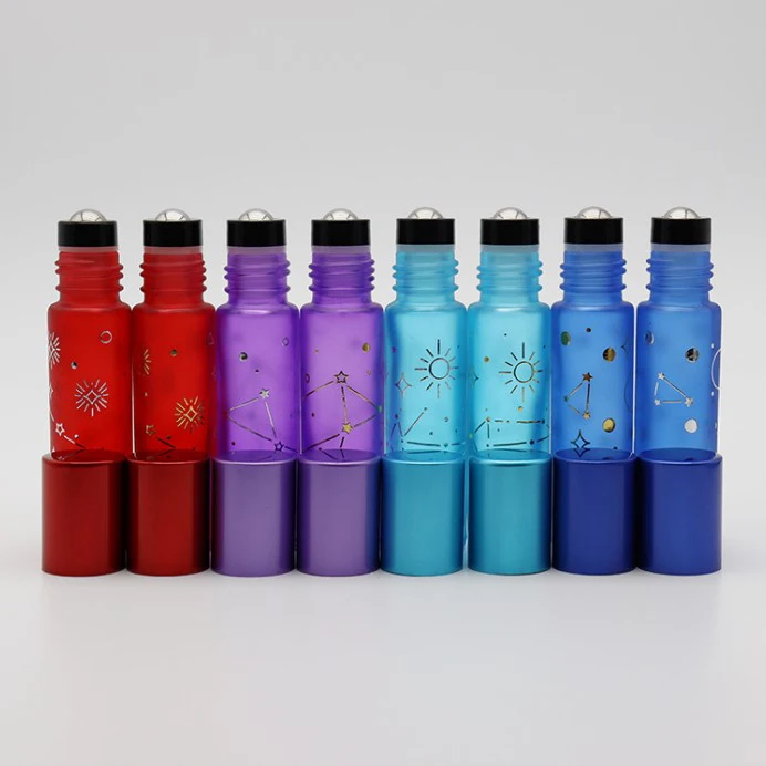 product new arrivals 10ml painted thick empty glass roller bottle with hot stamp doterra pattern printing and colorful aluminum caps-26