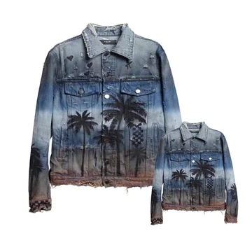 Mommy and Me Clothes Print Palm Trees Tie Dye Denim Jacket Family Matching Clothes Made in China