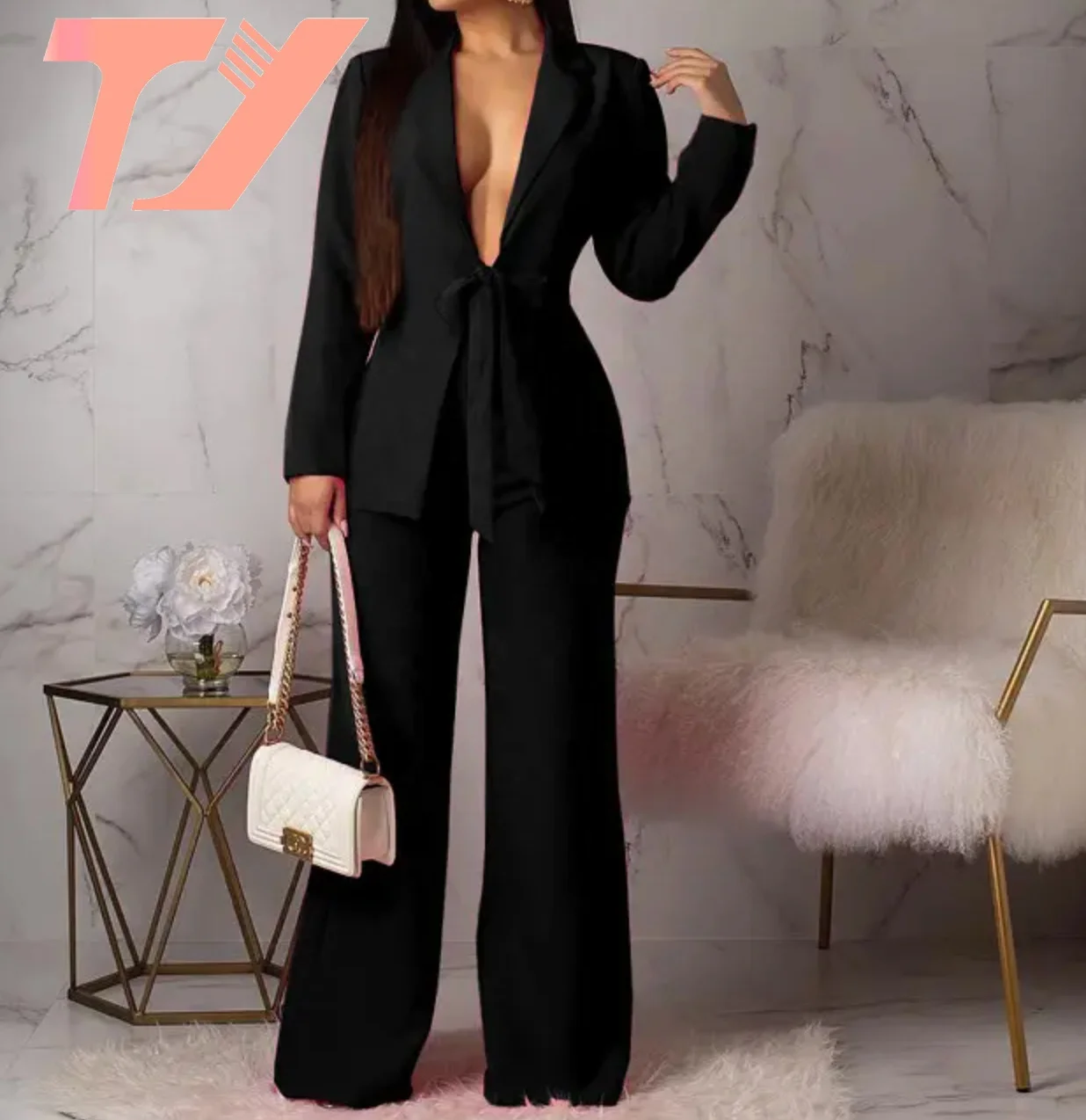 TUOYI Pure Color Loose Waistband Two Piece Set Women'S Office Formal  Coat