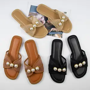 Female Summer Wear Fashion Trend French Resort Style Pearl Soft Soled Beach Shoes Black Flat slippers