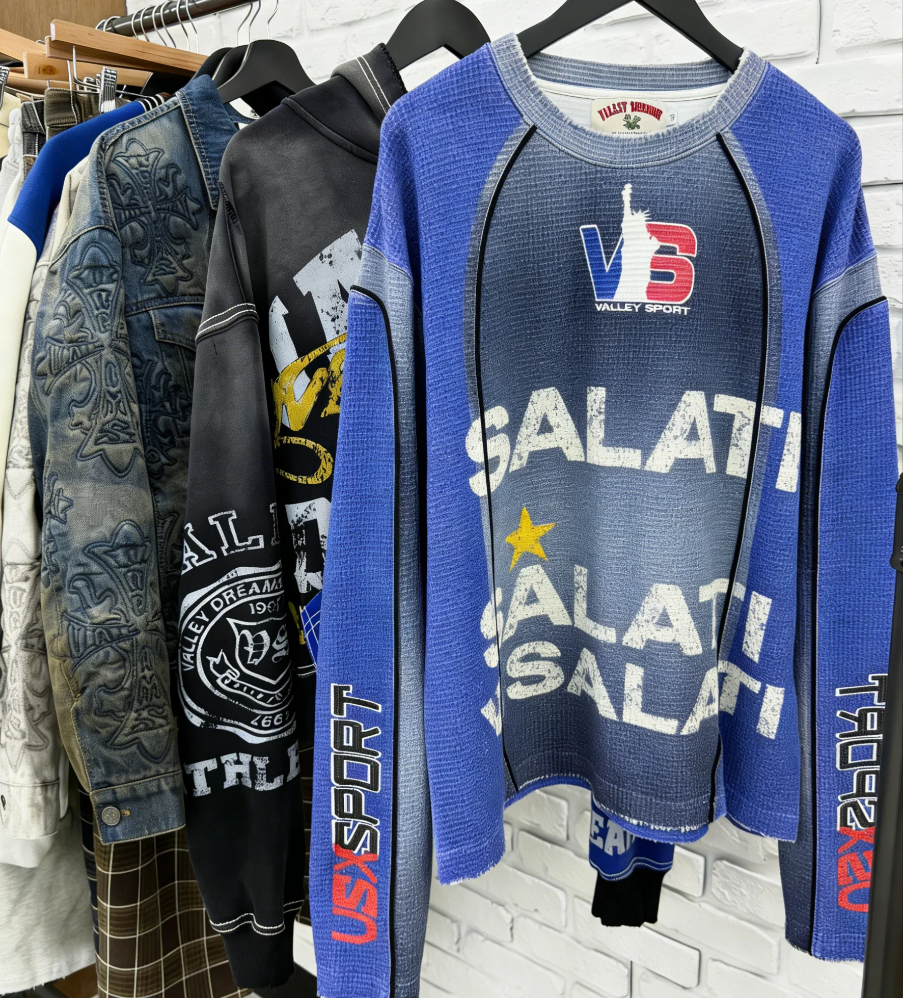 SALATI Custom Embroidery Screen Print Painted Acid Washed Deep Distressed Ripped Pocket Double Layer Hood Raw Hem Hoodies gallery 3
