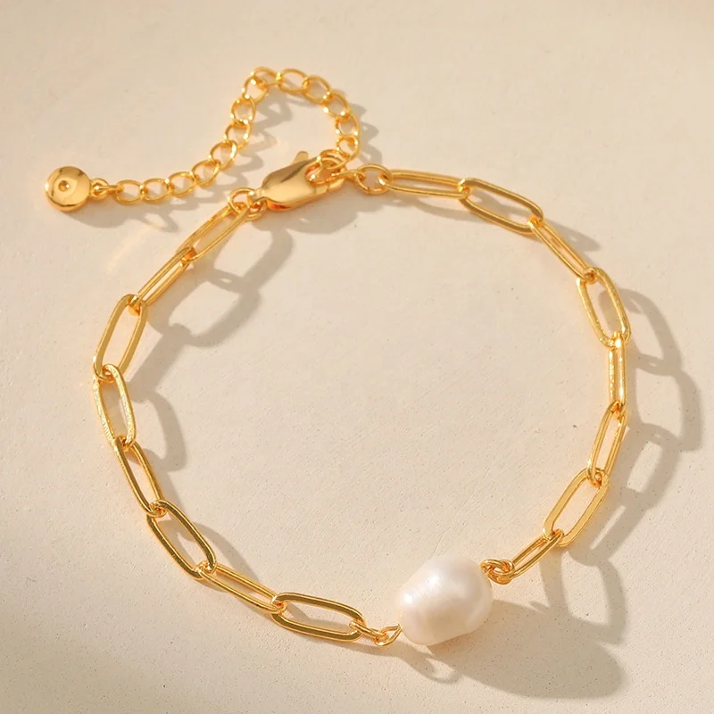 China Factory Made 18K Gold Plated Bracelet Natural Freshwater Irregular Baroqu Baroque Pearl Charm Bracelet Paper Clip Chain