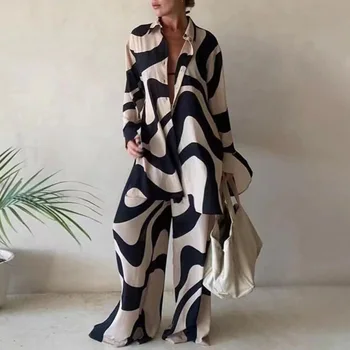 European and American new printed suits loose long-sleeved V straight pants travel leisure and vacation women's two-piece set
