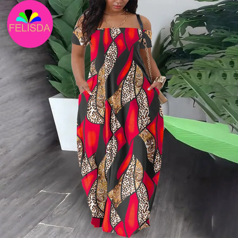 Fashion Summer Sexy African Women Short Sleeve Print Long Maxi Dresses  Women African Clothing Summer Off Shoulder Casual Dresses