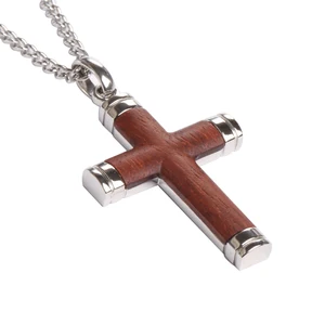 Religious Men's Stainless Steel & Bubinga Wood Cross Pendant Necklace with Chain
