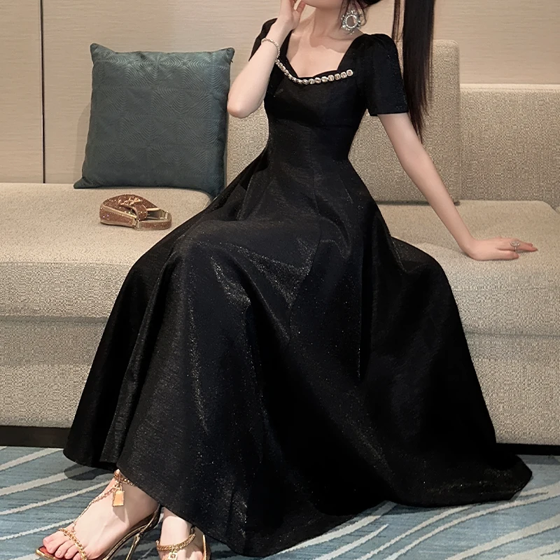 ZYHT 65339 Women Elegant Black Wedding Occasion Dress Short Sleeve A-Line  Party Bead Formal Long Maxi Evening Dress for Ladies