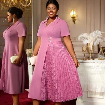 AM050511 Short Sleeve Lapel Collar Asymmetric Lace Patchwork Pink a Line Formal Plus Size Midi Belted Women's Casual Dresses