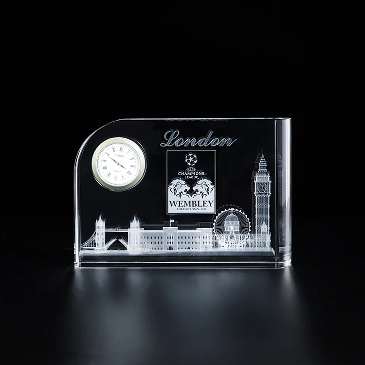 Elegant Office Gifts Service 3d Etched Desktop Crystal Glass Clock manufacture