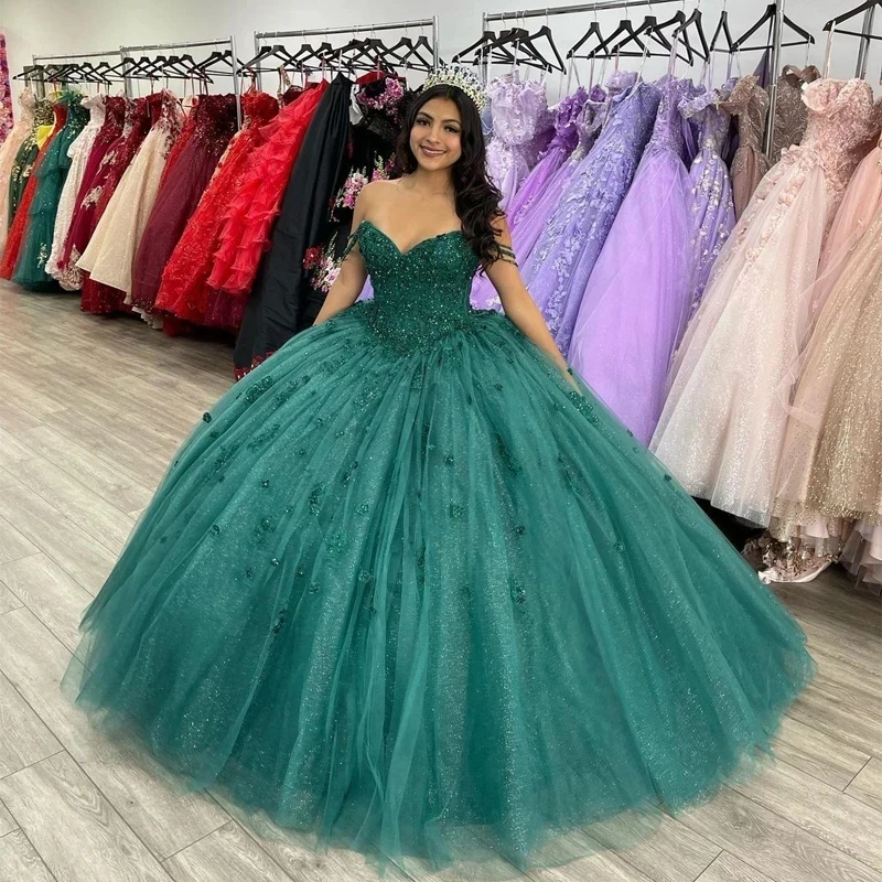 Mumuleo Shiny Emerald Green Ball Gown Quinceanera Dresses Off-Shoulder 3D Flower  Lace for 15th Birthday Party Prom Dress| Alibaba.com