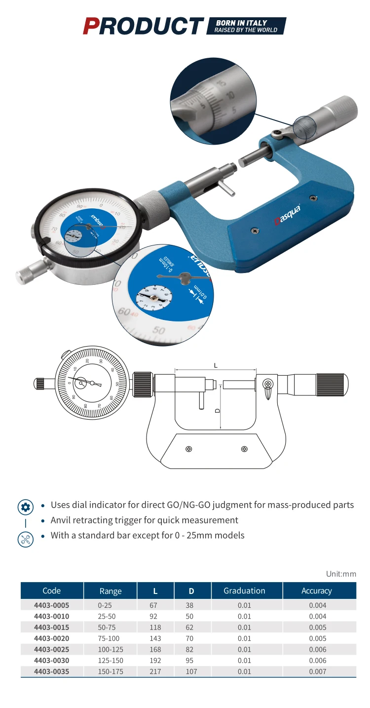 Dasqua Stainless Steel 025mm Micrometer Dial Snap Gauge With Locking