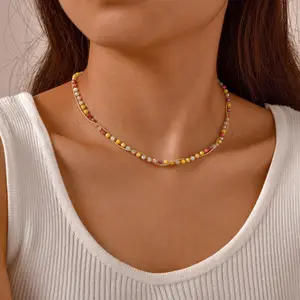 Fashion Waterproof Stainless Steel Clavicle Chain Choker Necklaces Women's 3mm Red Yellow Mixed Color Glass Beaded Necklace