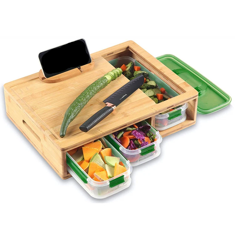 Bamboo Cutting Board With Containers,,Chopping Board With Stackable