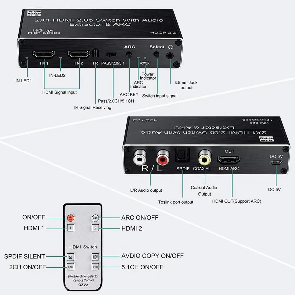 2x1 for HDMI 2.0b ARC 4K 60Hz Switcher 3.5mm R/L Coaxial SPDIF Audio Extractor 2 Input 1 Output Conmutador Audio Video