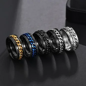 Titanium Stainless Steel Chain Spinner Ring For Men Blue Gold Black Punk Rock Rings Accessories Jewelry Gift R1401