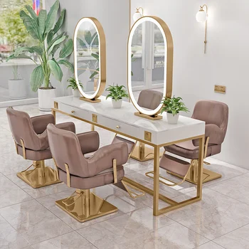 Salon Stylish Cheap Gold White LED Mirror Station Double Side Barber Salon Shop Mirror Station Table Premium Salon Furniture