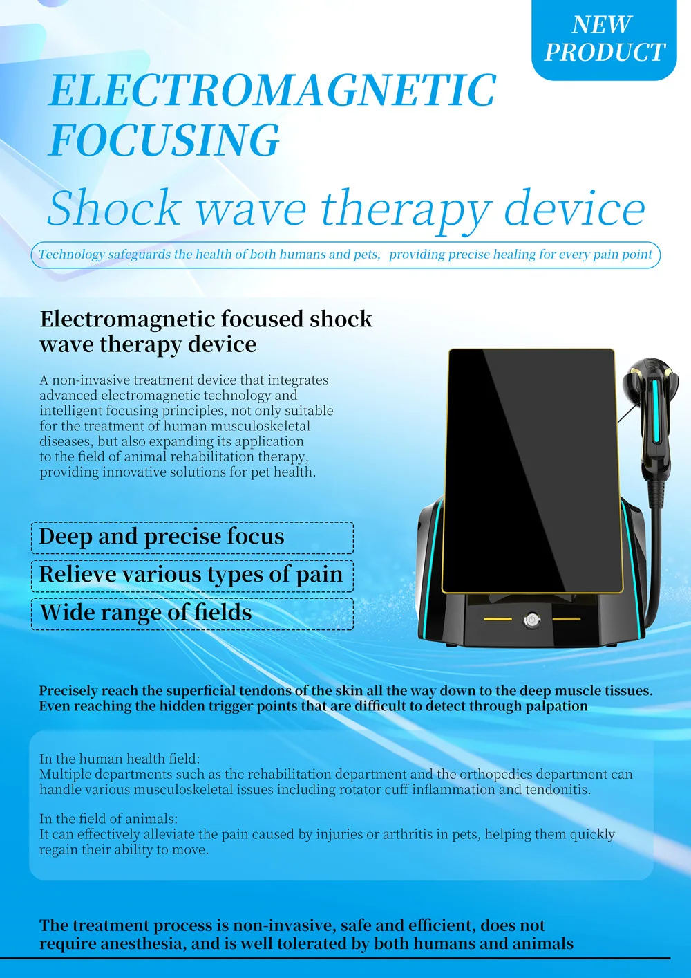 Focused Electromagnetic Shock Physical Therapy Device Focused Wave Therapy Pain Relief for Vet Use