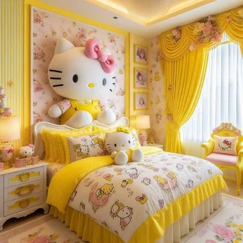 New Kids Bed Room Furniture Solid Wood Design Upholstered Fabric Hello Kitty Bedroom Furniture Set Yellow