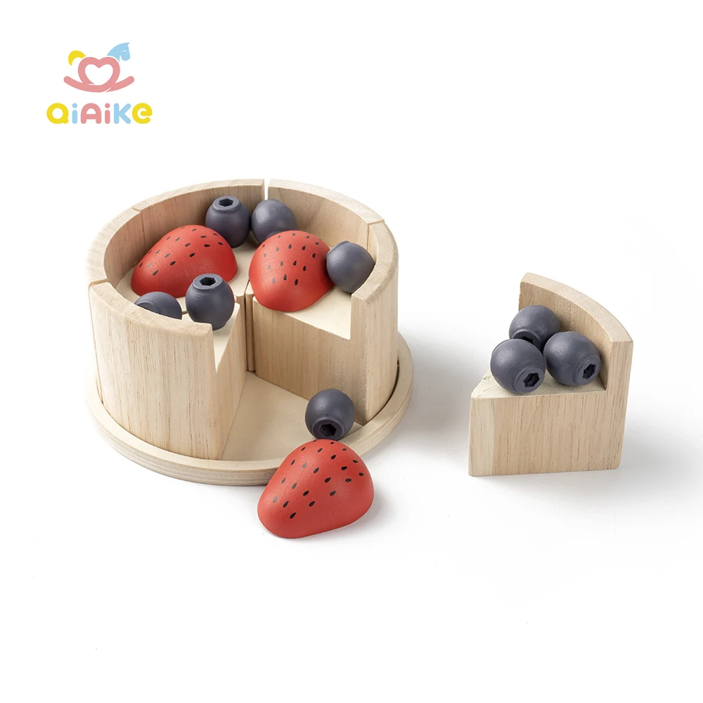 Simulation Wooden Cake Natural Toy for Kids Wooden Birthday Party Strawberry Cake Pretend Play Food Toy