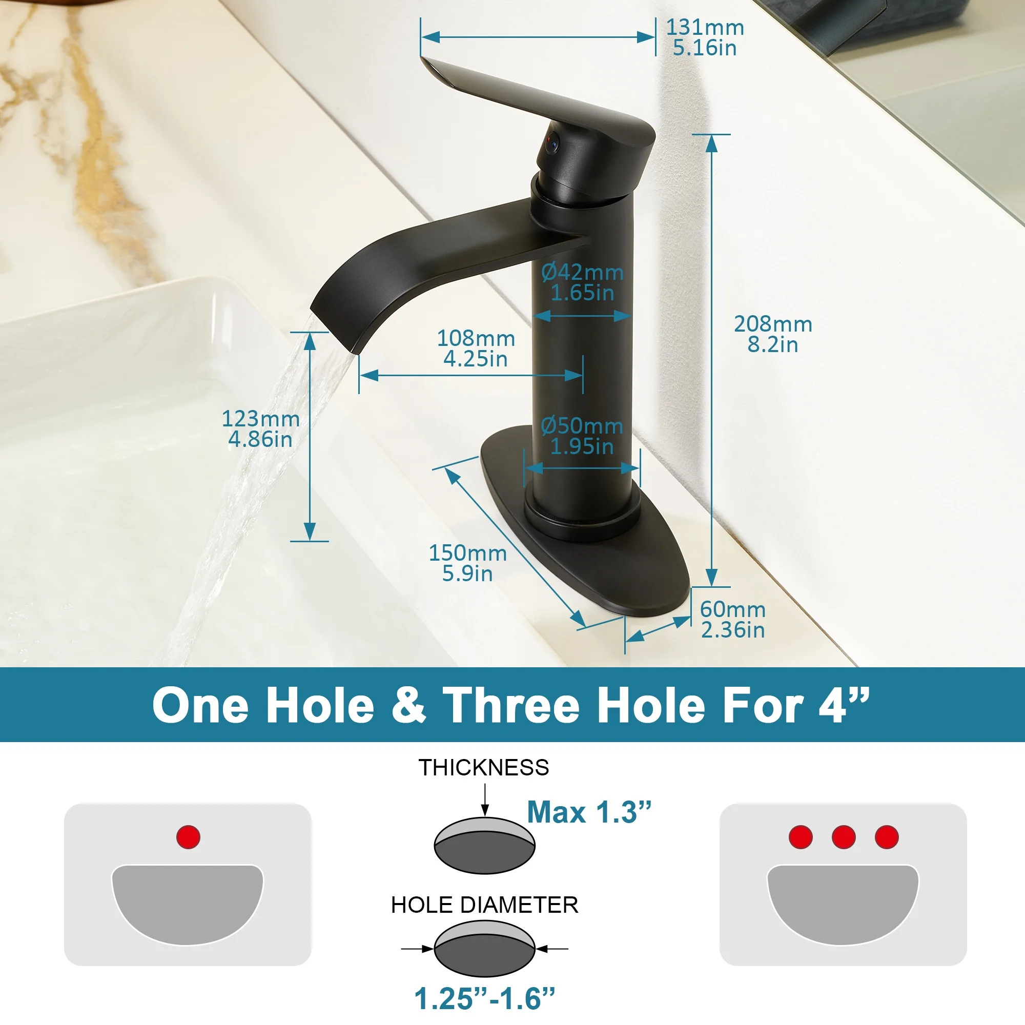 Matte Black Single Handle Waterfall Bathroom Faucet Solid SS304 Basin Mixer Tap OEM Laser Logo for 1 or 3 Hole 4 Inch Deck Plate