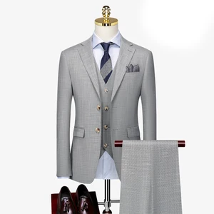 Men's Light Grey 3 Pieces Slim Business Notch Lapel Single Breasted Center Vent High Quality Suit Set for Men