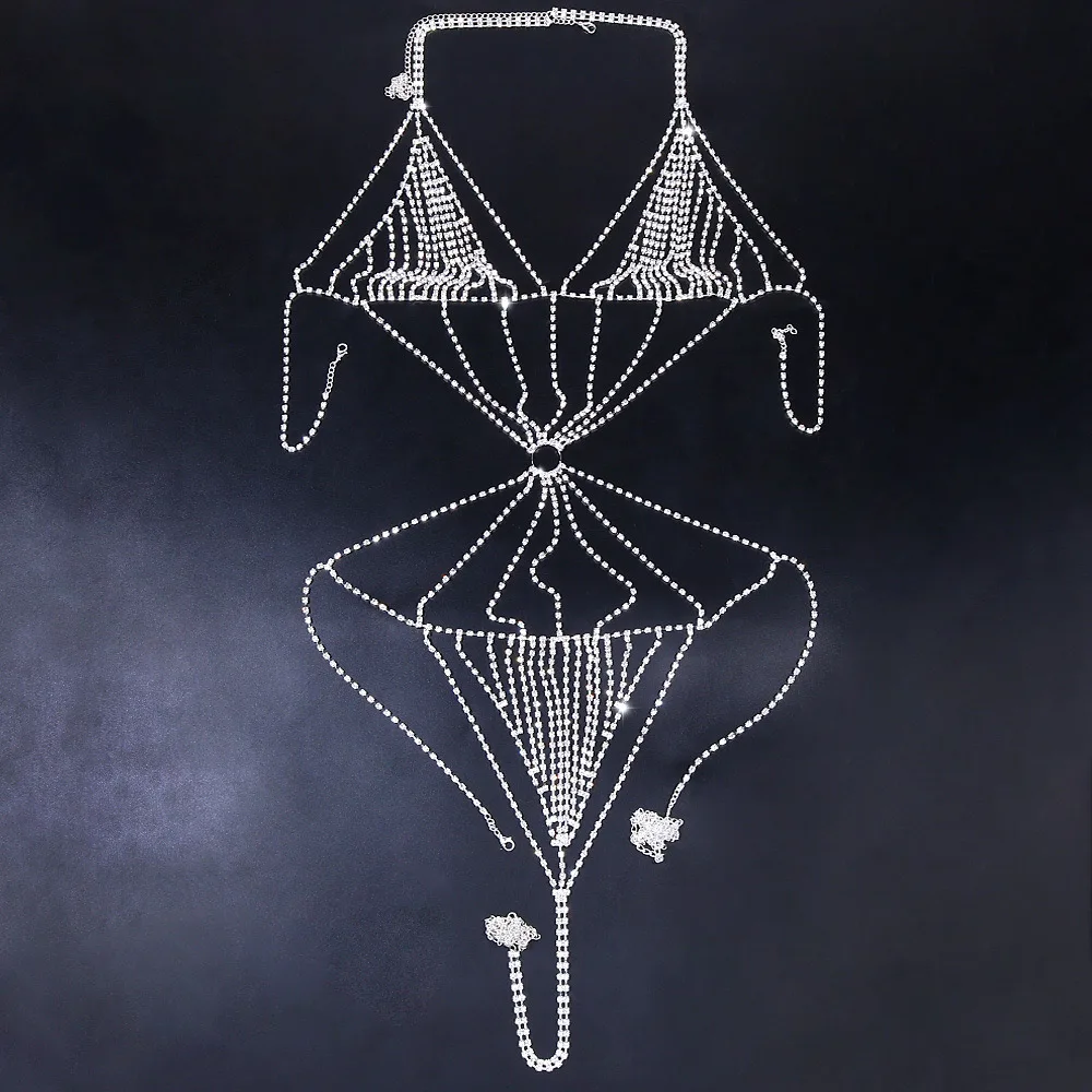 2023 Sexy Sparkle Rhinestone Body Chain Bikini One Piece Female