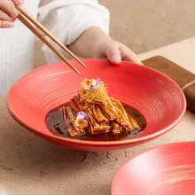 Modern Matte Red Wedding Restaurant Serving Round Salad Pasta Steak Plate With Logo Ceramic Plates Set