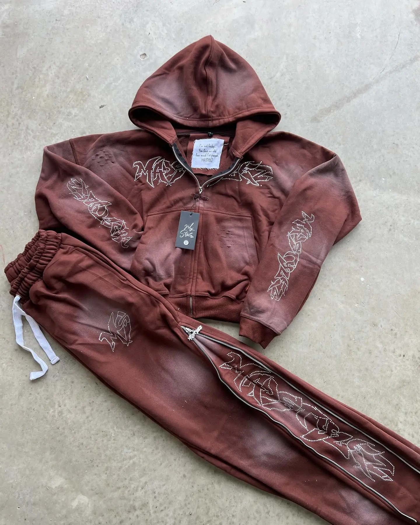 Acid Washed Sweat Suits Custom 100% Cotton Terry Oversized Tracksuit Men Flare Stacked Sweatpants and Rhinestone Hoodie Set gallery 4