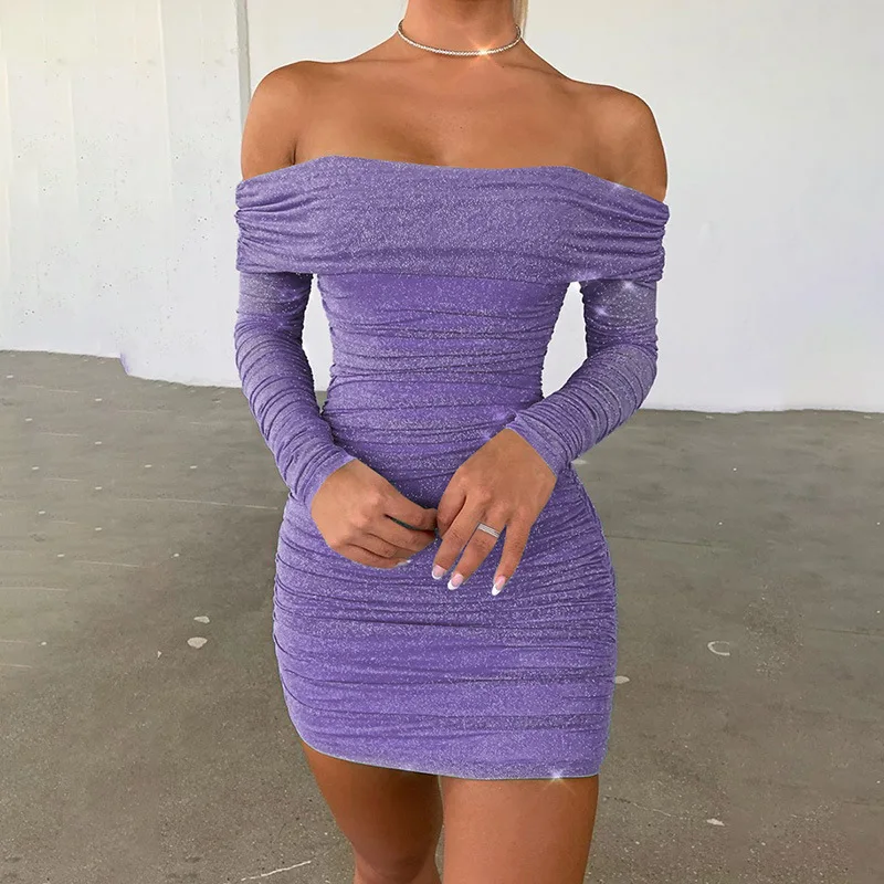 purple long sleeve off the shoulder dress