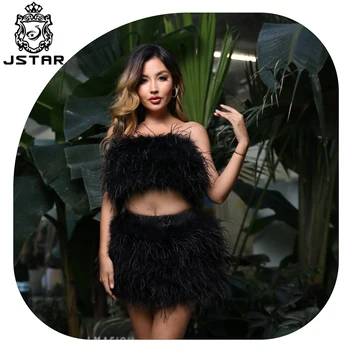 Jstar factory wholesale elegant black ostrich wool skirt sexy girls short skirts dress with feather design