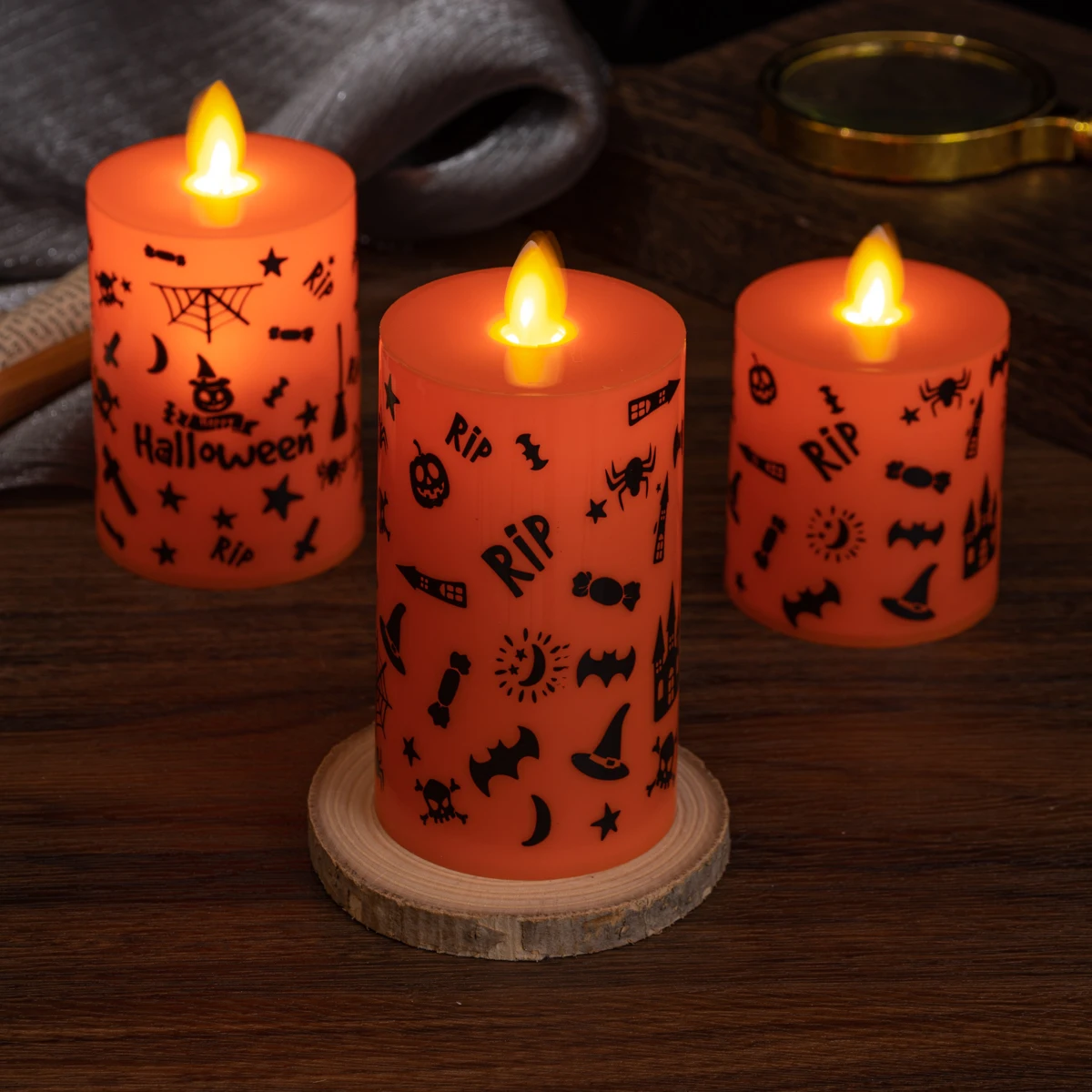 product halloween flat mouth candle flameless led candle halloween print warm light holiday decoration lamp party home decoration-32