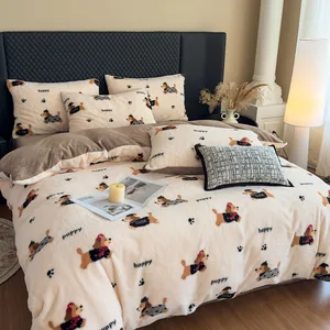 2026 New Cute Puppy Cartoon Floral Printed Milk Velvet 4pc Bedding Set Winter Thickened Warm Coral Velvet Duvet Cover Bed Sheet